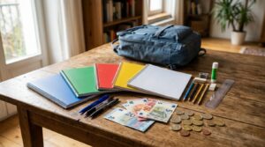 Fournitures scolaires et billets d'euros illustrant le budget de la rentrée