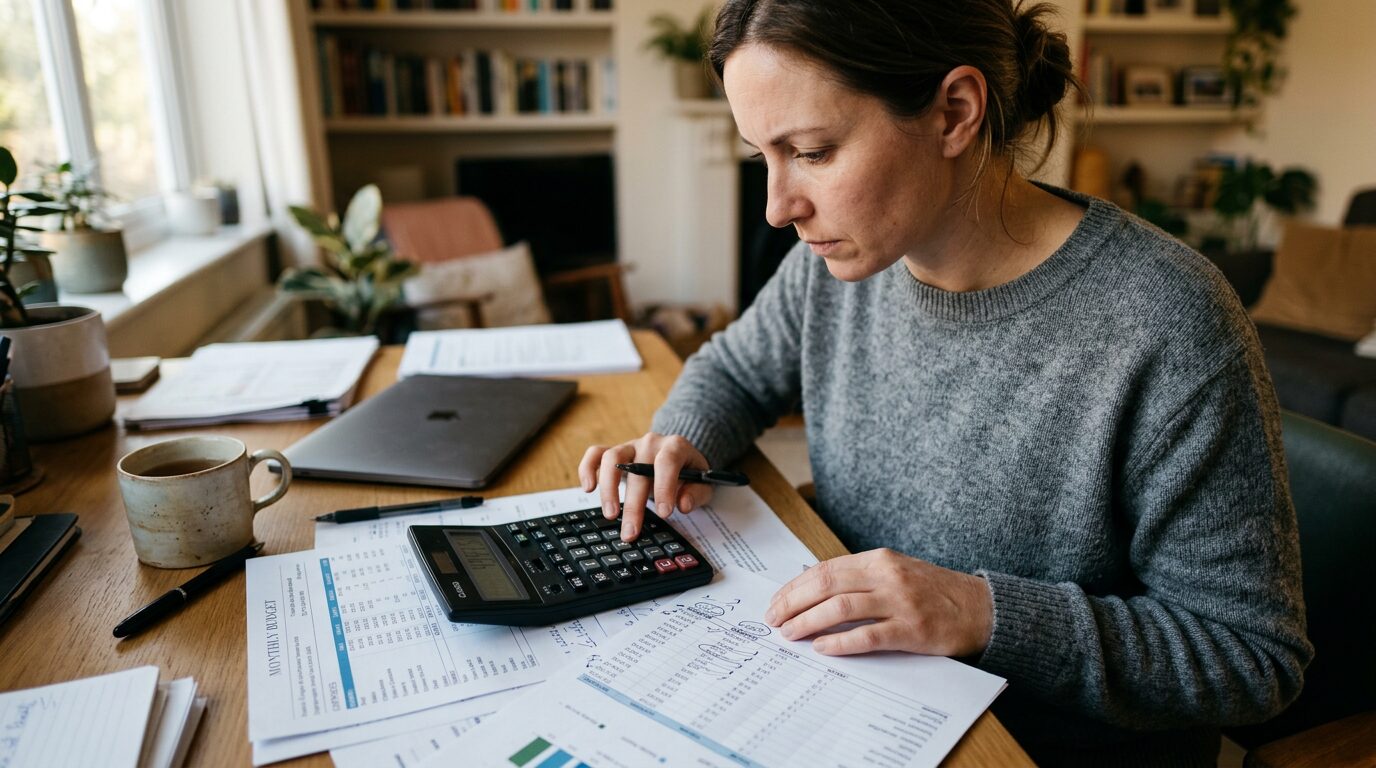 Calcul du coût total d'un leasing voiture Personne calculant le coût total réel d'un contrat de leasing sur une calculatrice