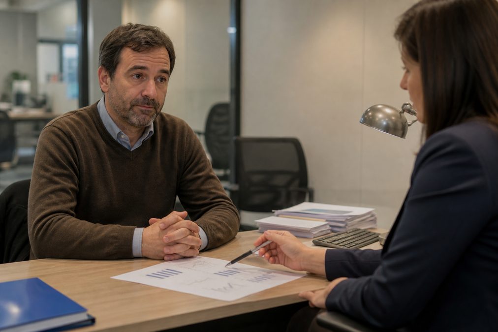 Rachat de crédit refusé partout : que faire ? 1 Conseiller bancaire expliquant un refus de rachat de crédit à un client