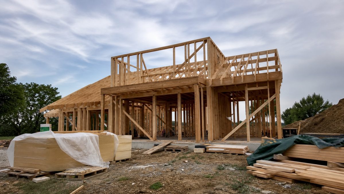 Prêt immobilier avec travaux fait soi-même : ce que finance la banque 4 Ossature bois d'une maison en cours d'autoconstruction sur un chantier