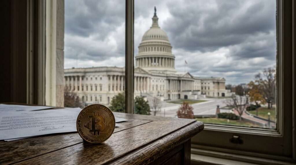 Clarity Act et bitcoin Capitole américain et pièce de bitcoin symbolisant le vote du Clarity Act