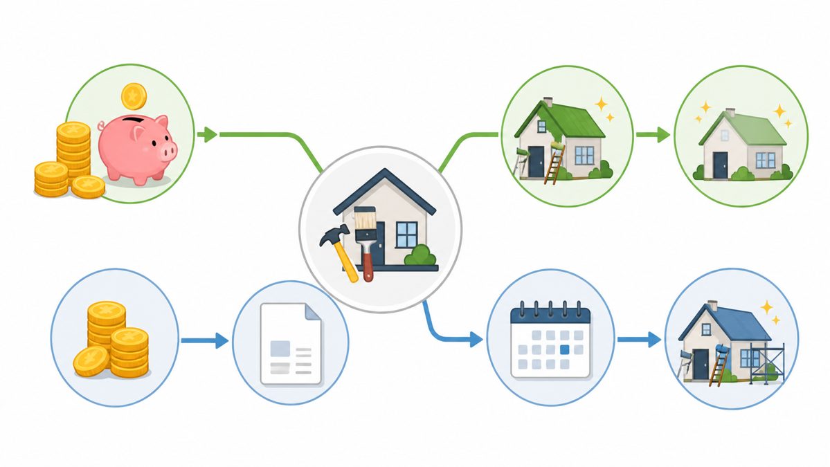 Prêt immobilier avec travaux fait soi-même : ce que finance la banque 3 Schéma comparant deux options de financement pour des travaux de rénovation
