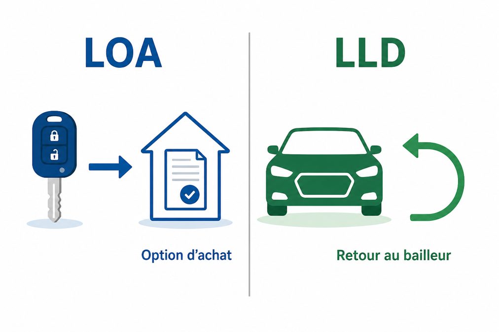Leasing voiture hybride : mensualités, aides et pièges à éviter 2 Schéma comparant la LOA qui permet d'acheter et la LLD sans option d'achat
