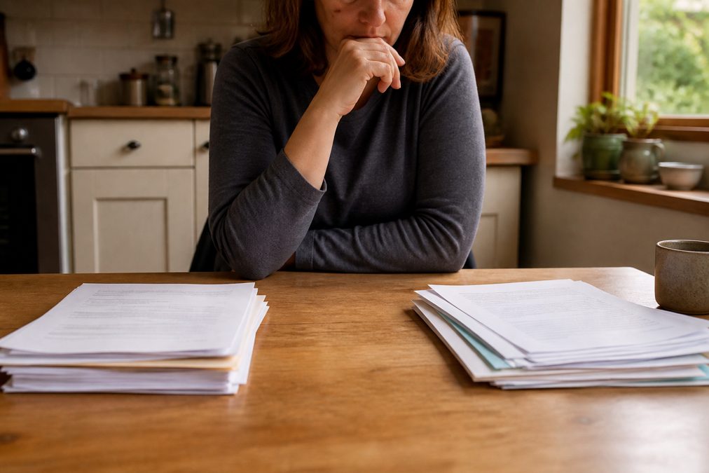 Rachat de crédit refusé partout : que faire ? 5 Personne pesant deux options financières à sa table de cuisine
