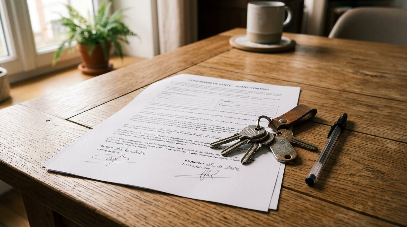 La banque peut-elle annuler une offre de prêt signée ? 3 Trousseau de clés de maison posé sur un compromis de vente immobilier
