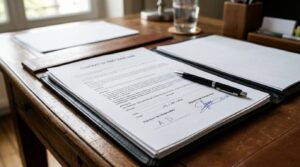 Contrat de prêt immobilier signé posé sur un bureau avec un stylo