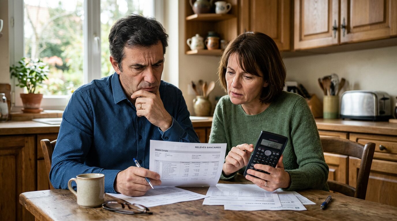 Ne pas rembourser son prêt immobilier après la vente : les risques encourus 3 Couple vérifiant ses relevés bancaires pour calculer un reste à charge après une vente