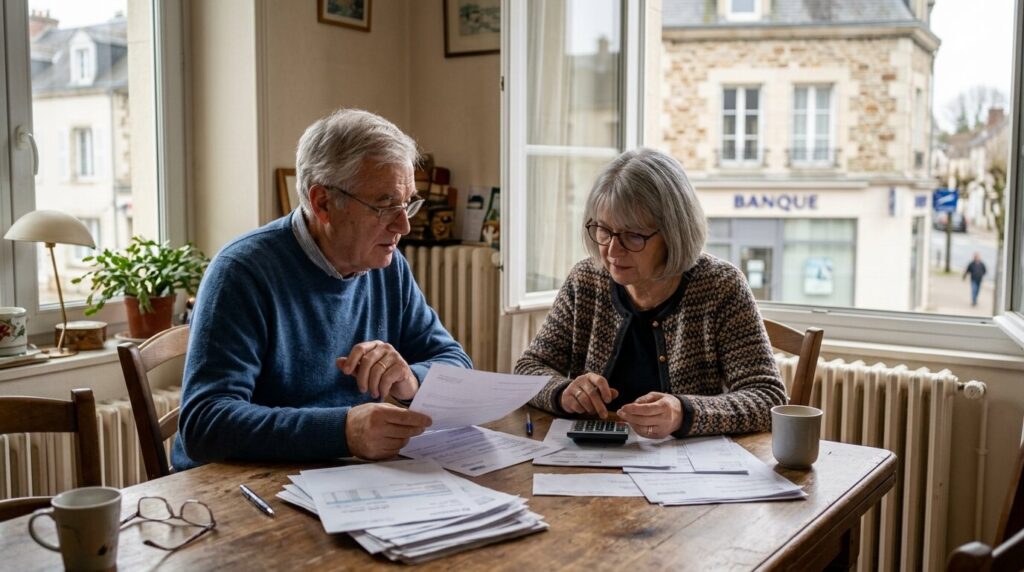 Couple senior calculant son assurance emprunteur Couple de retraités calculant le coût de leur assurance de prêt immobilier