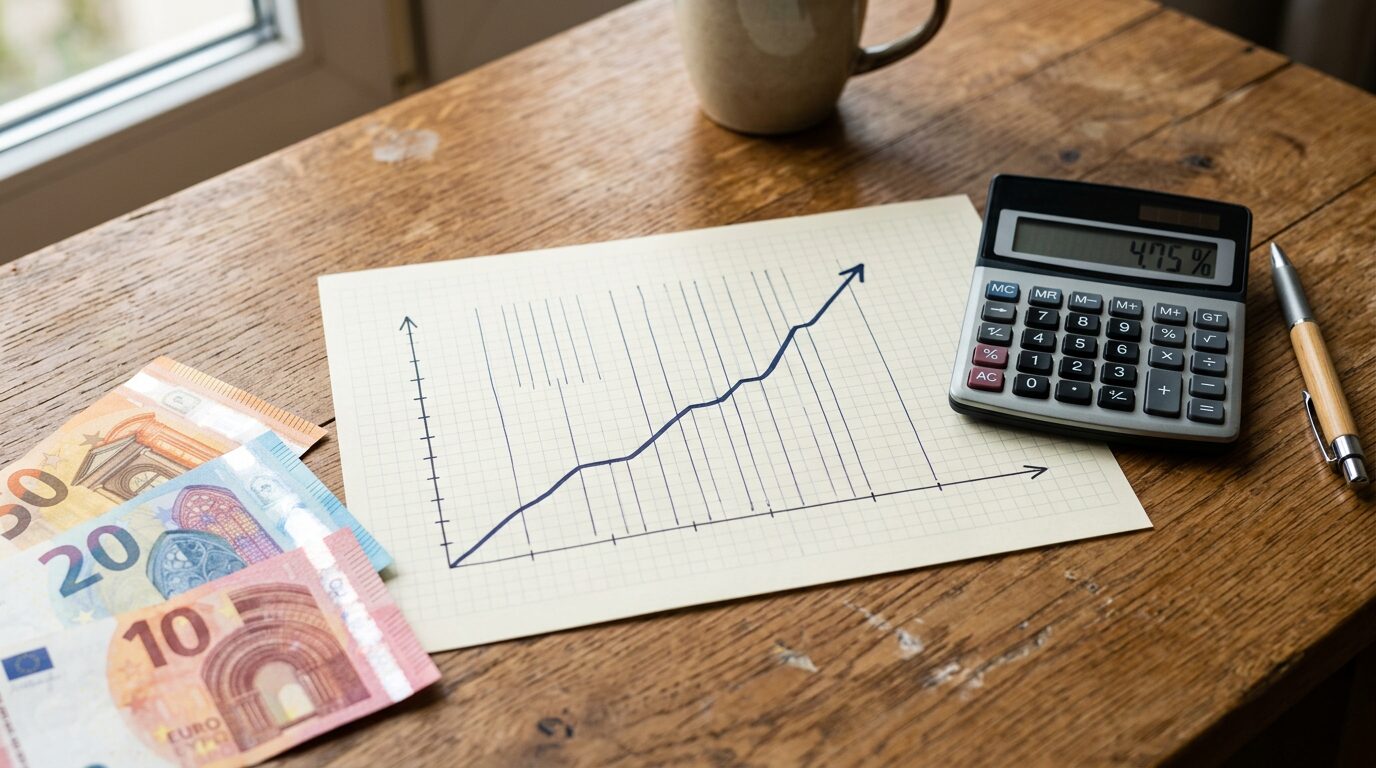 Graphique de taux en hausse avec calculatrice et billets d'euros