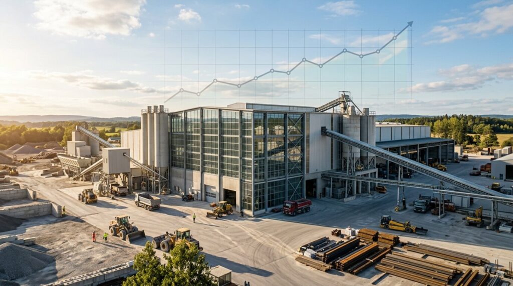 Usine de matériaux de construction avec courbe boursière en hausse en superposition