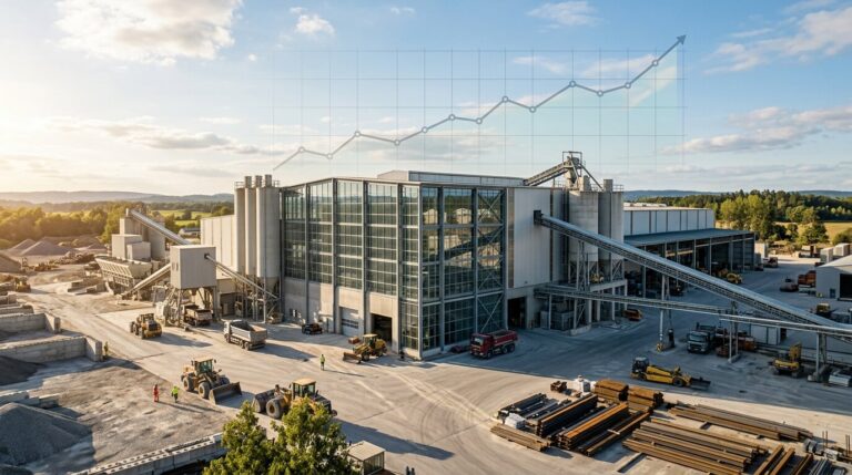 Croissance industrie matériaux construction bourse Usine de matériaux de construction avec courbe boursière en hausse en superposition