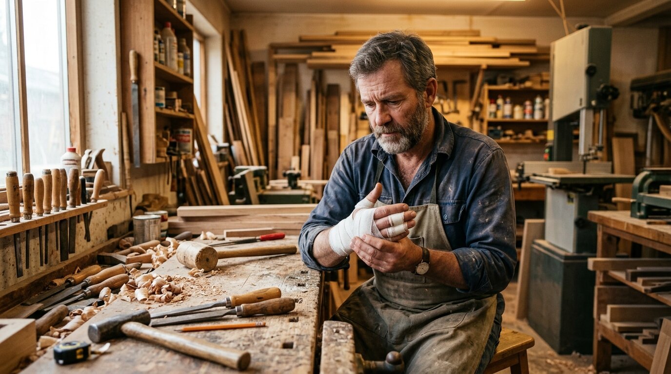 Artisan blessé à la main évaluant l'impact sur son activité professionnelle