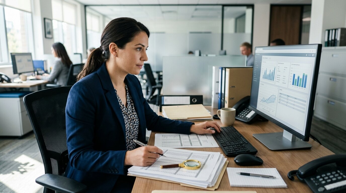 J'ai menti pour mon prêt immobilier : quels risques et que faire ? 2 Conseiller bancaire vérifiant des documents financiers sur un écran d'ordinateur