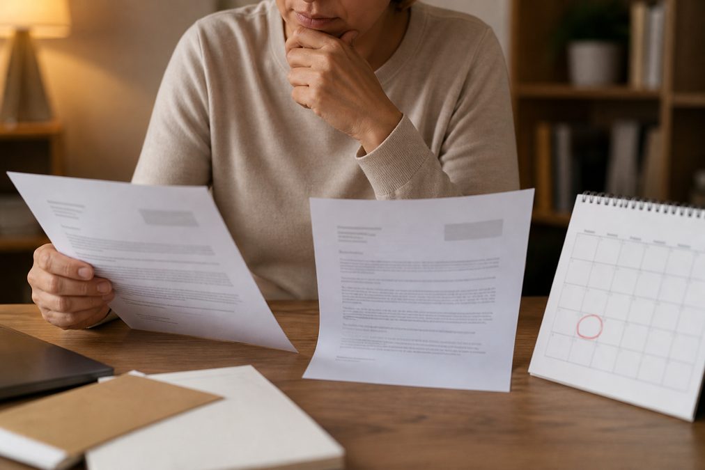Rachat de crédit refusé partout : que faire ? 2 Personne comparant deux courriers de refus de crédit avec un calendrier