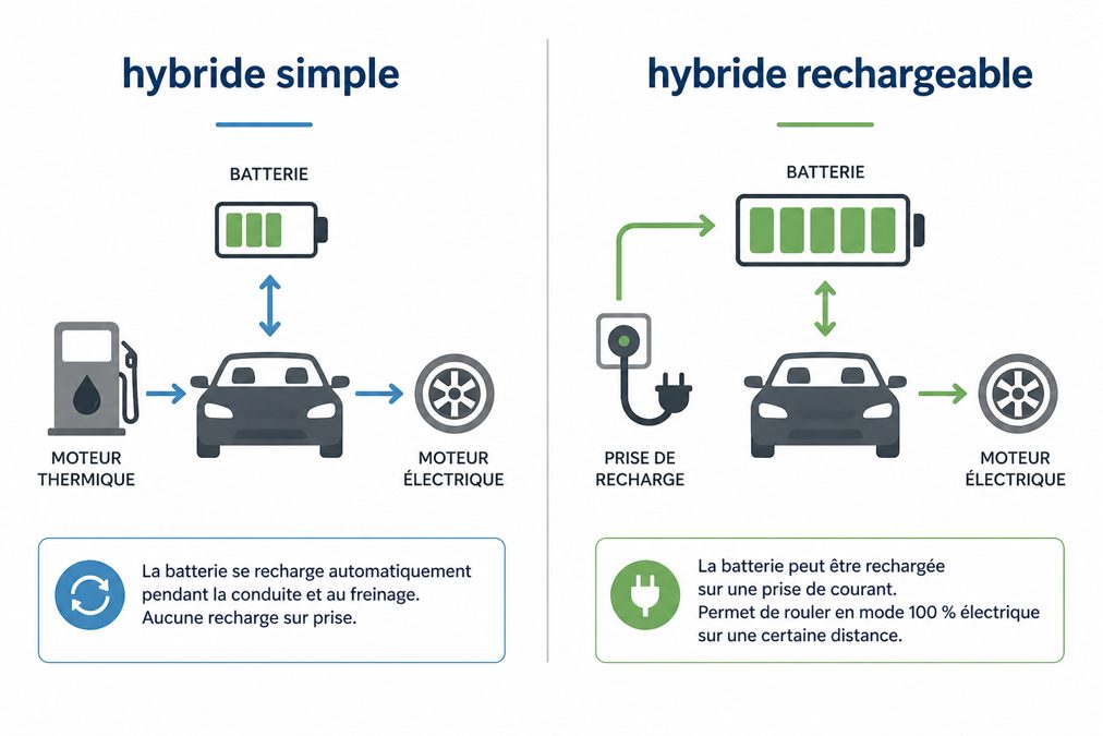 Leasing voiture hybride : mensualités, aides et pièges à éviter 1 Schéma comparant hybride simple et hybride rechargeable pour le leasing