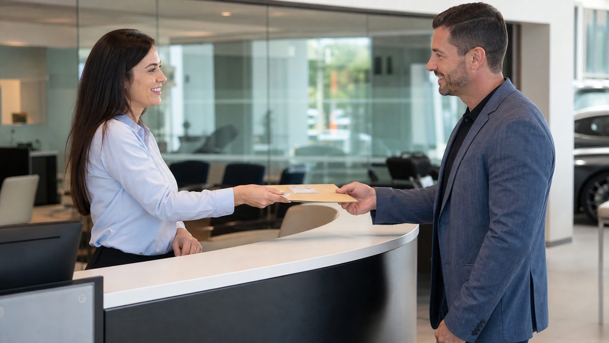 Leasing voiture sans permis : conditions, prix et pièges à éviter 6 Client remettant ses documents d'identité à un conseiller de concession automobile