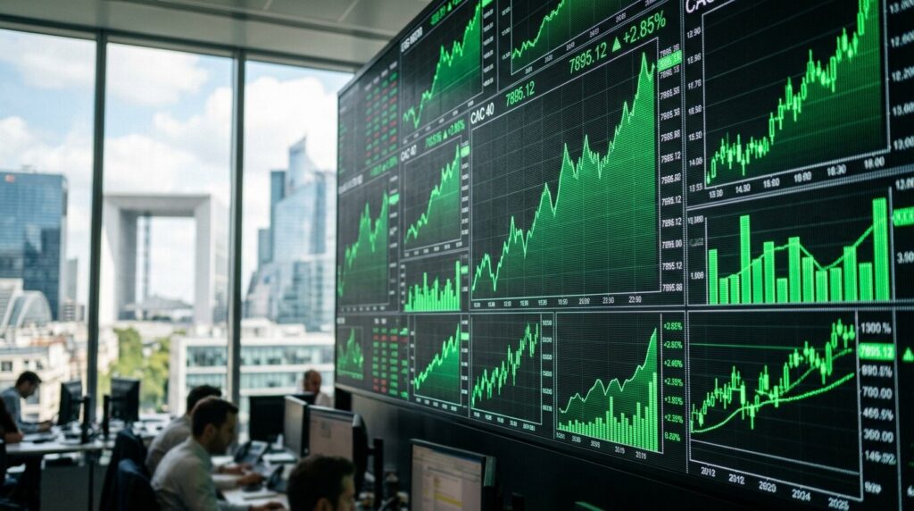 Écrans de cotations boursières en hausse Écrans de trading affichant des courbes boursières en forte hausse