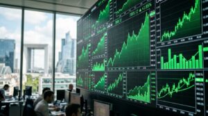Écrans de trading affichant des courbes boursières en forte hausse