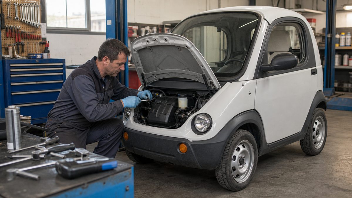 Leasing voiture sans permis : conditions, prix et pièges à éviter 5 Mécanicien effectuant l'entretien d'une voiture sans permis en atelier
