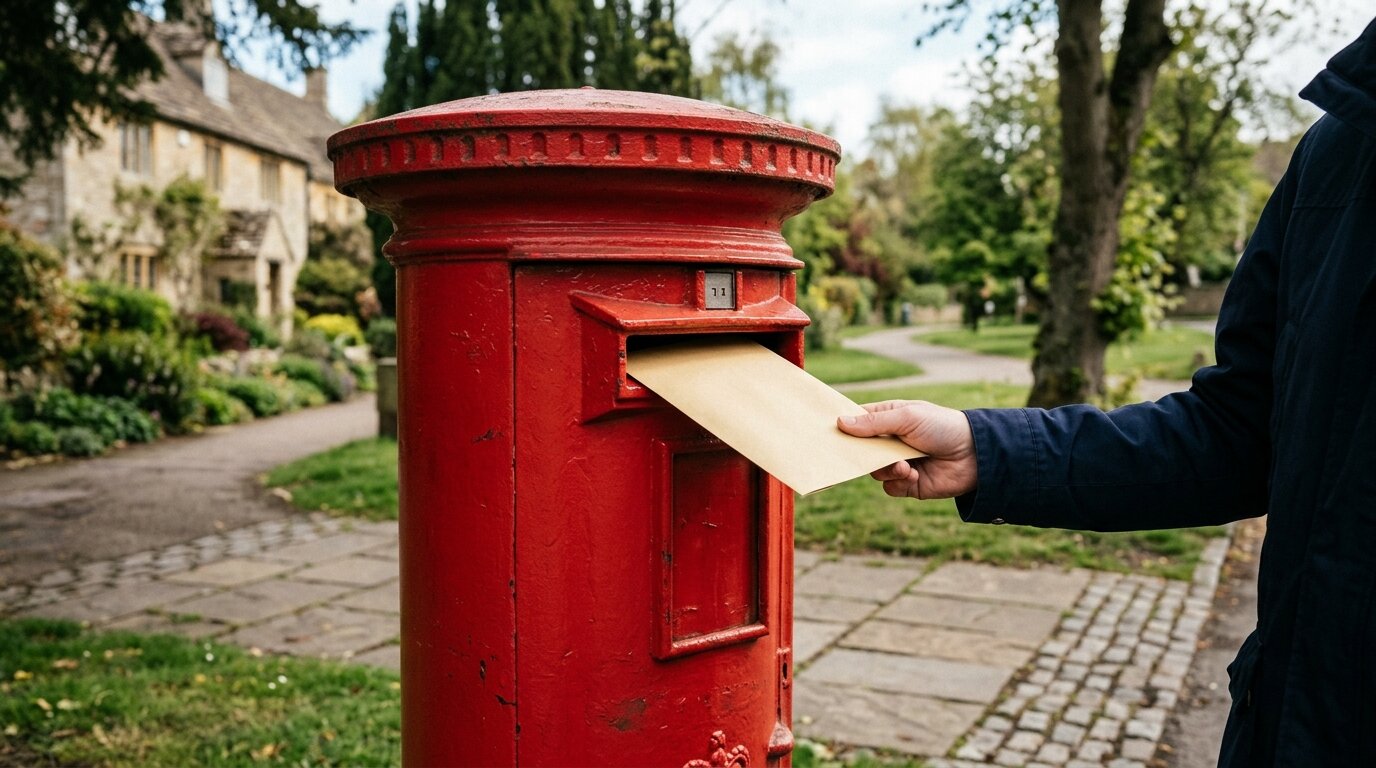 Main déposant une lettre recommandée dans une boîte aux lettres
