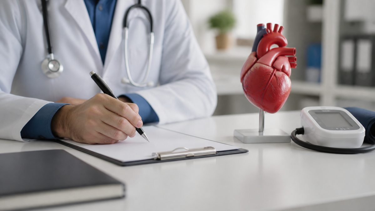 Risque aggravé de santé et assurance prêt : ce que change la convention AERAS 1 Médecin notant un dossier médical à côté d'un tensiomètre, illustrant l'évaluation d'un risque de santé