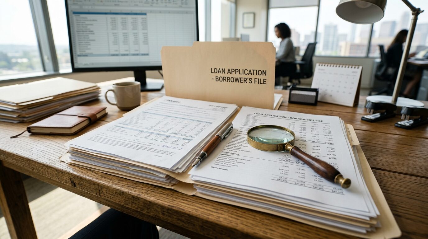 Dossier de prêt examiné à la loupe sur un bureau