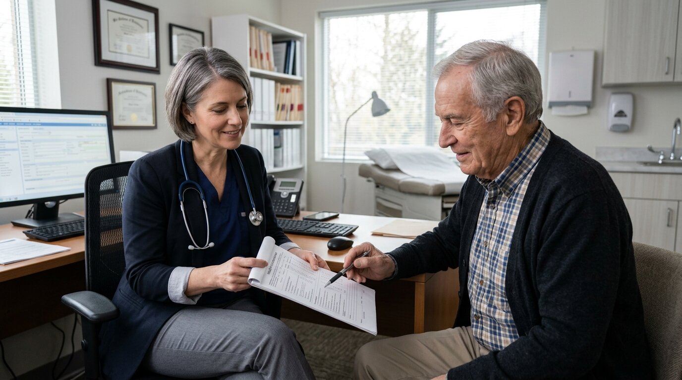 Assurance emprunteur après 65 ans : ce qui fait vraiment grimper le taux 5 Médecin examinant le dossier de santé d'un emprunteur senior pour son assurance