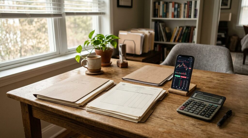 Fiscalite crypto documents et smartphone Documents fiscaux et smartphone affichant des cours de cryptomonnaies sur un bureau