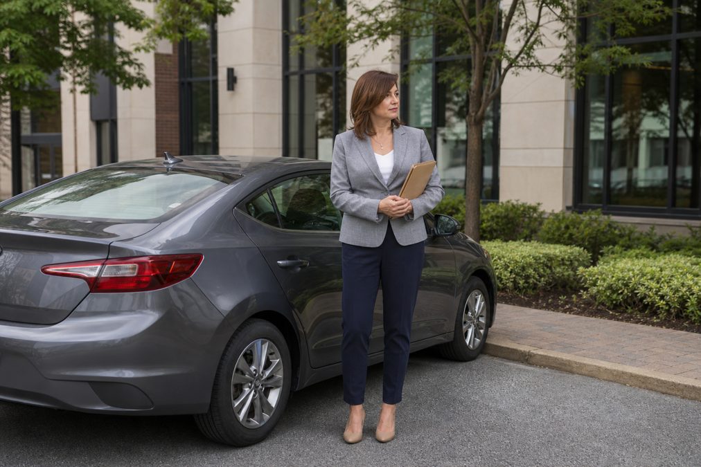 Leasing voiture hybride : mensualités, aides et pièges à éviter 6 Indépendante devant son entreprise à côté de sa voiture hybride de fonction