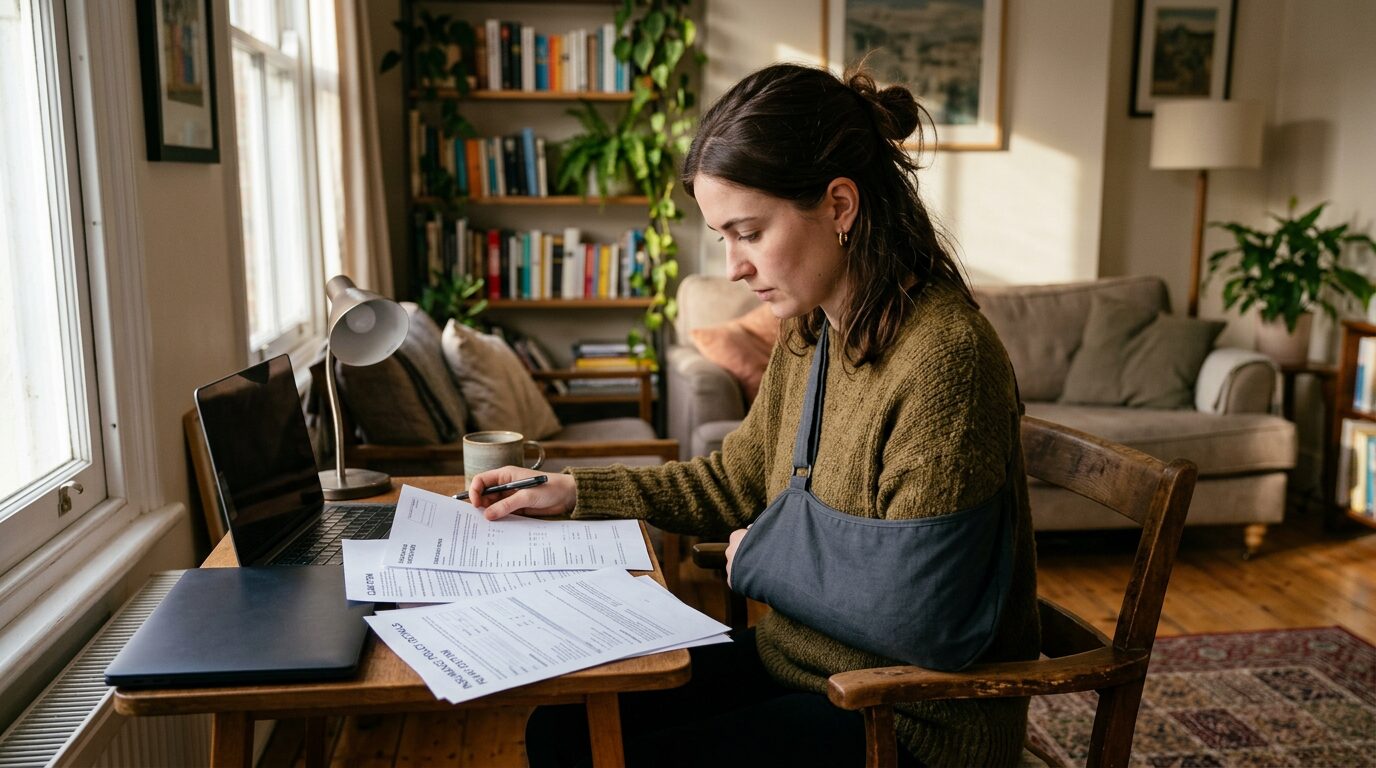 Personne convalescente consultant son contrat d'assurance emprunteur à domicile