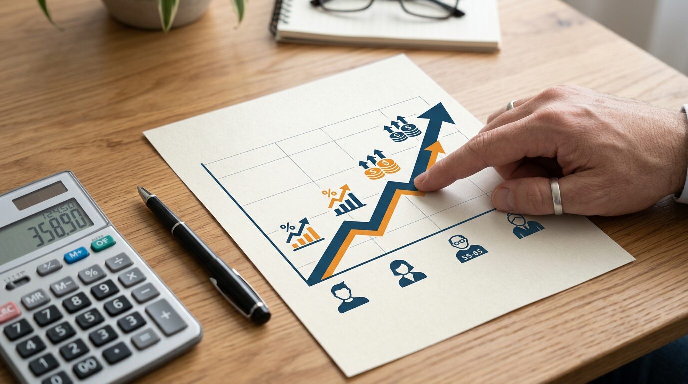 Assurance emprunteur après 65 ans : ce qui fait vraiment grimper le taux 1 Illustration schématique de la hausse du taux d'assurance emprunteur avec l'âge