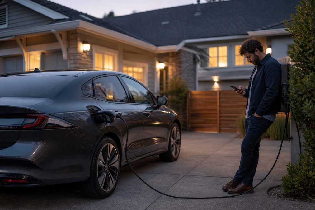 Leasing voiture hybride : mensualités, aides et pièges à éviter 4 Voiture hybride rechargeable branchée sur une borne domestique le soir