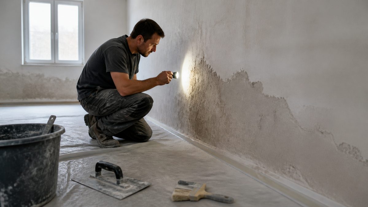 Prêt immobilier avec travaux fait soi-même : ce que finance la banque 5 Personne inspectant un mur pour détecter fissures ou infiltrations après travaux