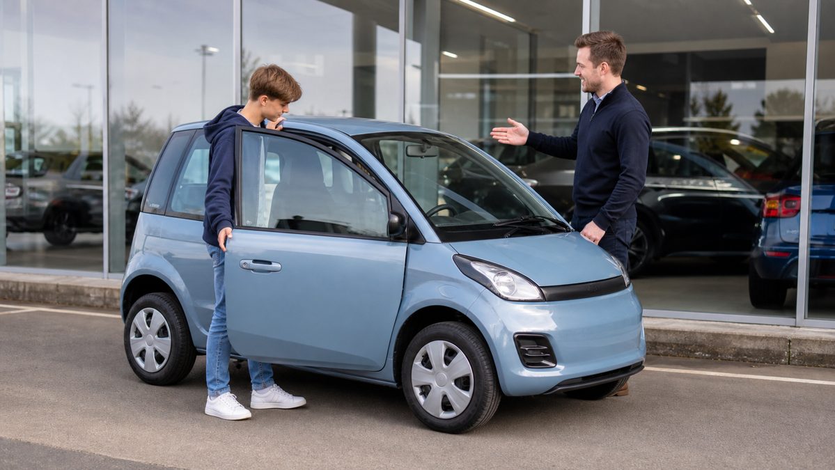 Leasing voiture sans permis : conditions, prix et pièges à éviter 1 Adolescent montant dans une voiture sans permis devant une concession automobile