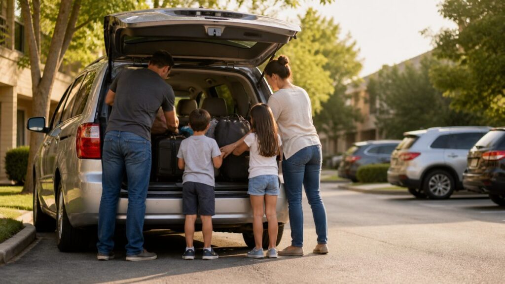 Famille chargeant des valises dans le coffre d'une voiture familiale 7 places