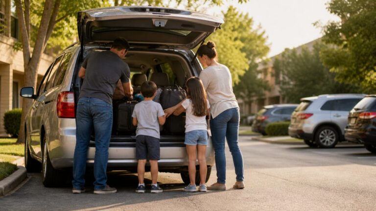Famille chargeant les bagages dans une voiture 7 places Famille chargeant des valises dans le coffre d'une voiture familiale 7 places