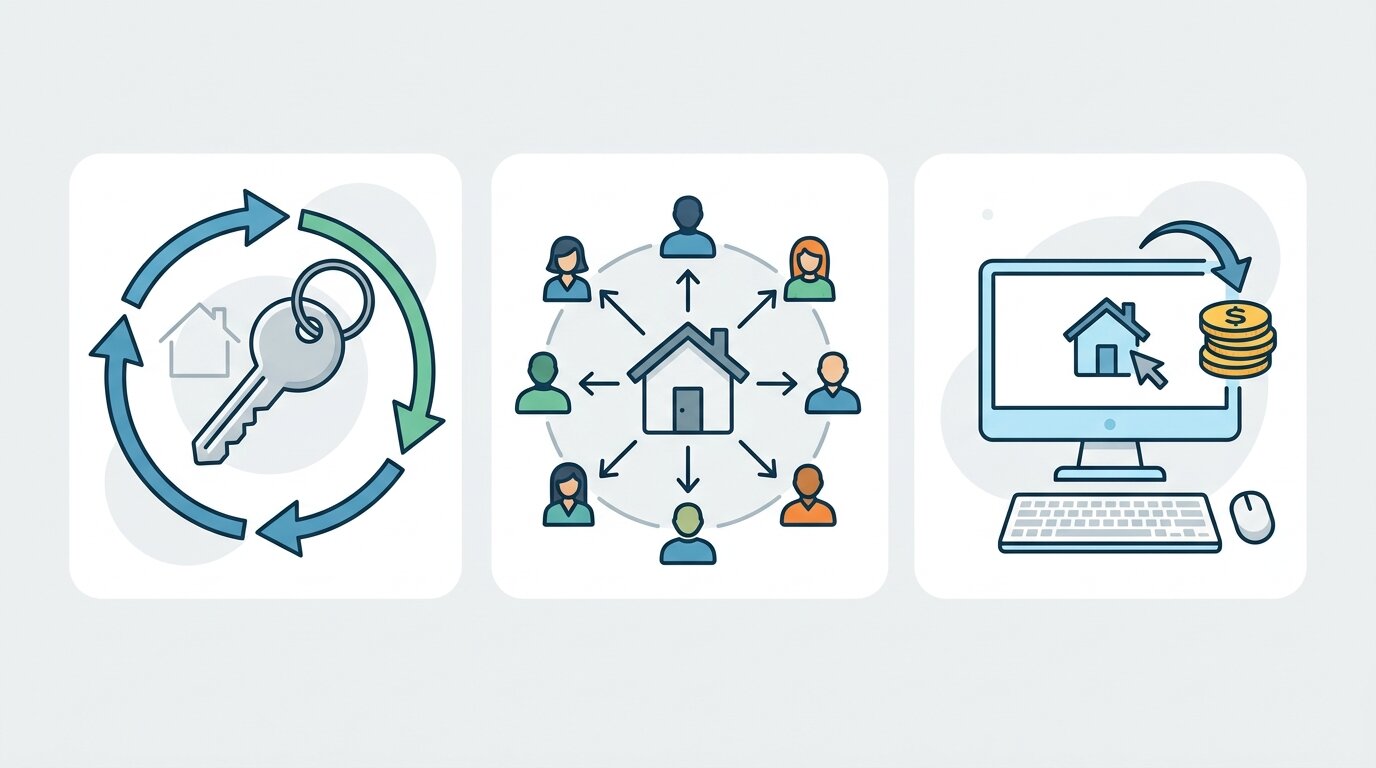 Autre solution que le prêt relais : les alternatives à connaître 5 Schéma en icônes illustrant le leasing immobilier, le financement participatif et la vente rapide en ligne