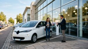 Client recevant les clés d'une voiture électrique en leasing social chez un concessionnaire