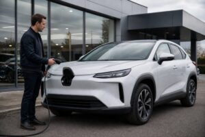 Personne inspectant une voiture hybride avant de signer un contrat de leasing