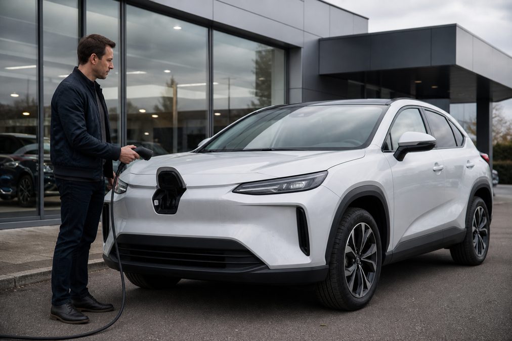 Personne inspectant une voiture hybride avant de signer un contrat de leasing