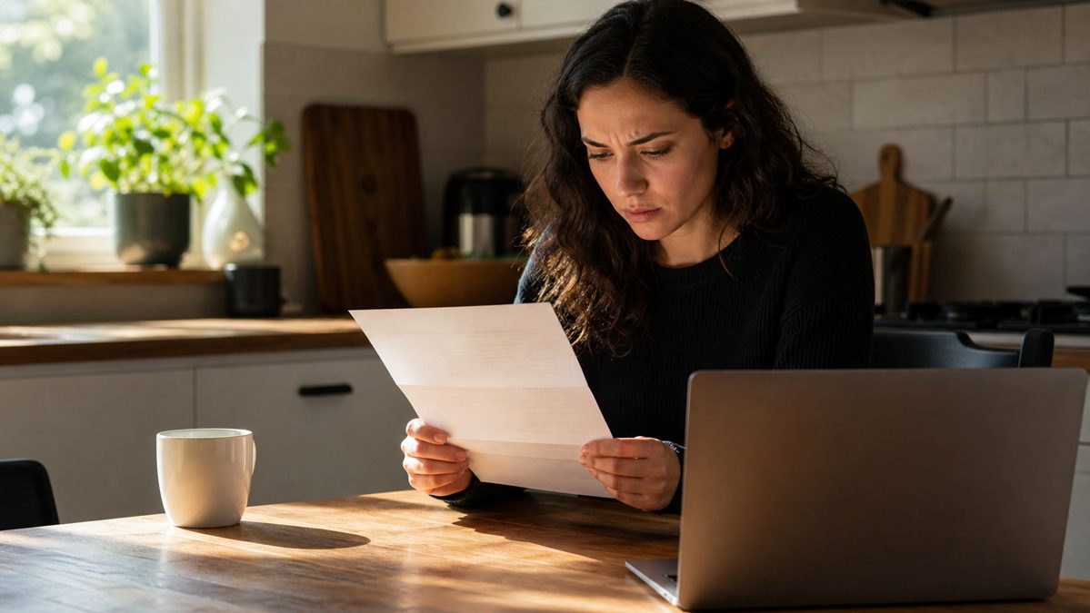 Loi Hamon assurance emprunteur : est-elle encore valable en 2026 ? 6 Personne lisant un courrier officiel avec une expression préoccupée à sa table
