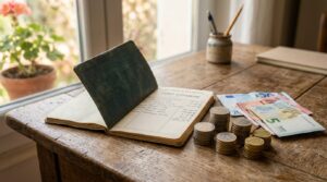 Carnet d'épargne et pièces en euros symbolisant la hausse du taux du Livret A
