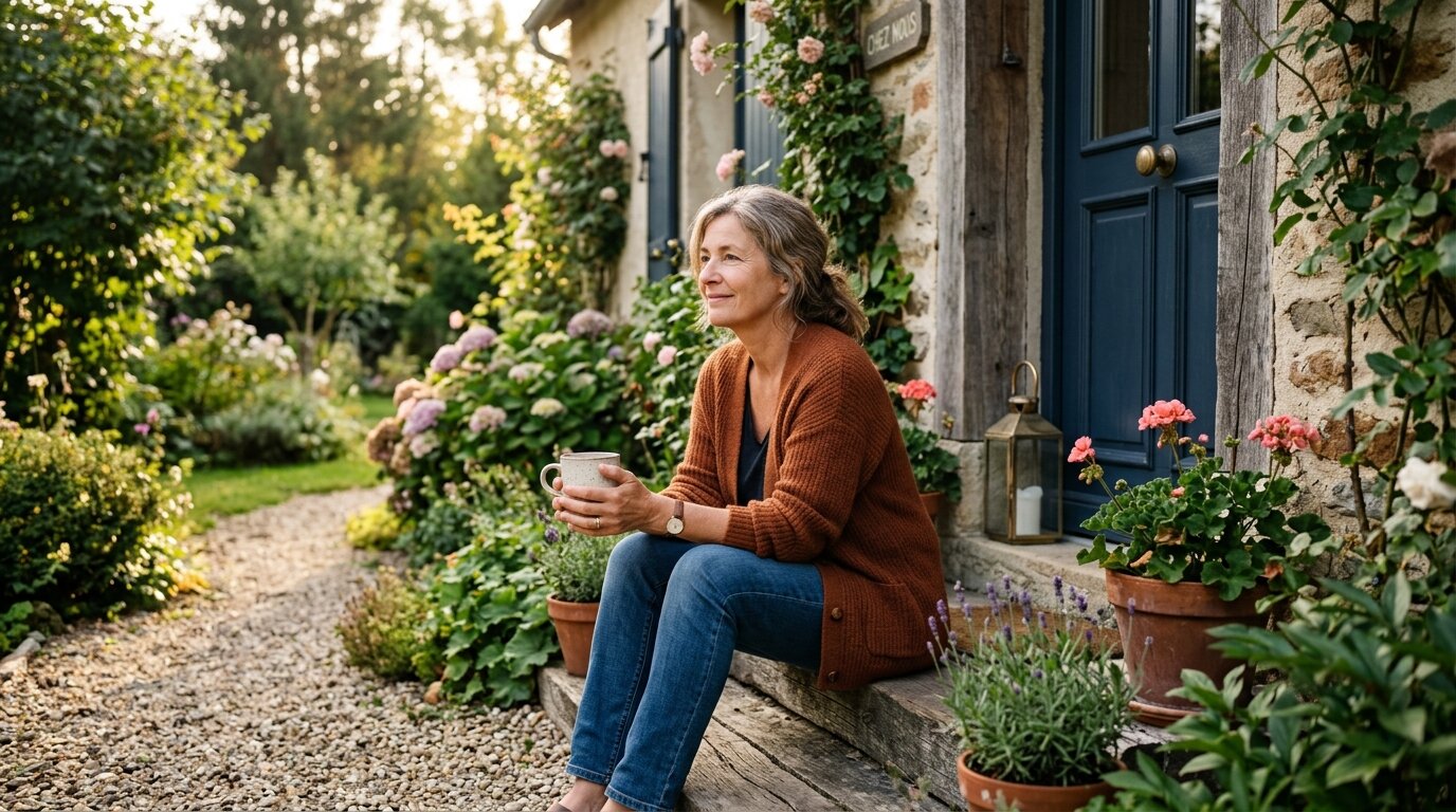 Autre solution que le prêt relais : les alternatives à connaître 3 Personne assise sereinement sur le perron de sa maison illustrant le portage immobilier