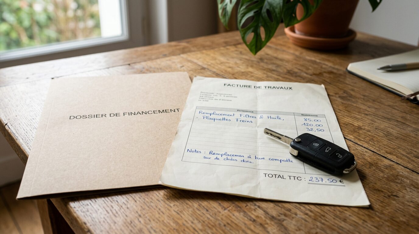 Prêt de 10 000 euros sur 5 ans : ce qu'il faut savoir avant de signer 4 Clé de voiture et facture de travaux illustrant la différence entre prêt personnel et prêt affecté