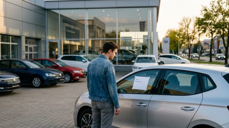 Prix du leasing voiture en 2026 Personne regardant le prix affiché sur une voiture de leasing en concession