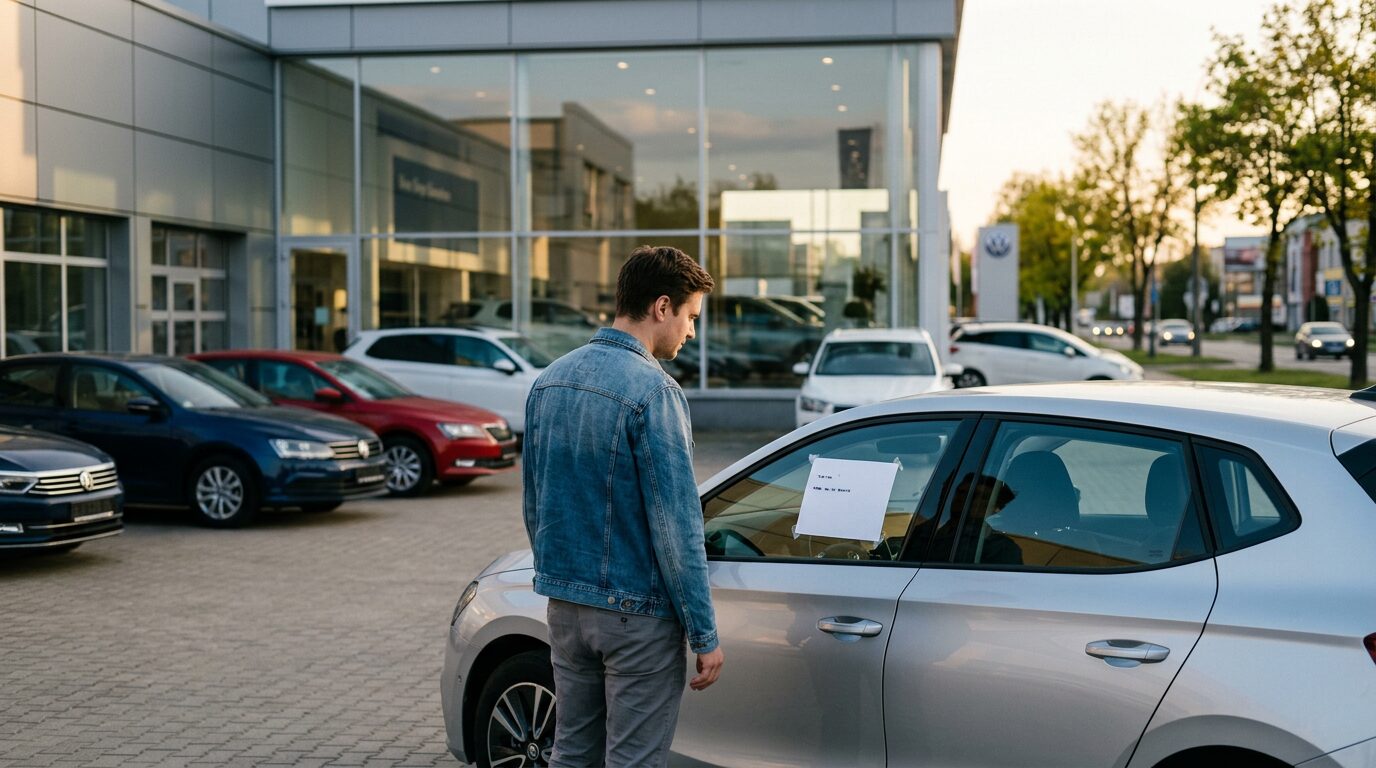 Personne regardant le prix affiché sur une voiture de leasing en concession