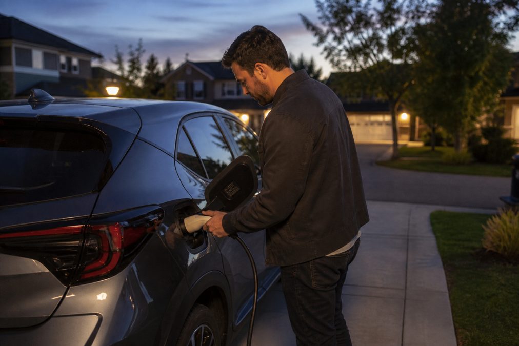 Leasing voiture hybride : mensualités, aides et pièges à éviter 5 Homme branchant une voiture hybride rechargeable dans son allée le soir