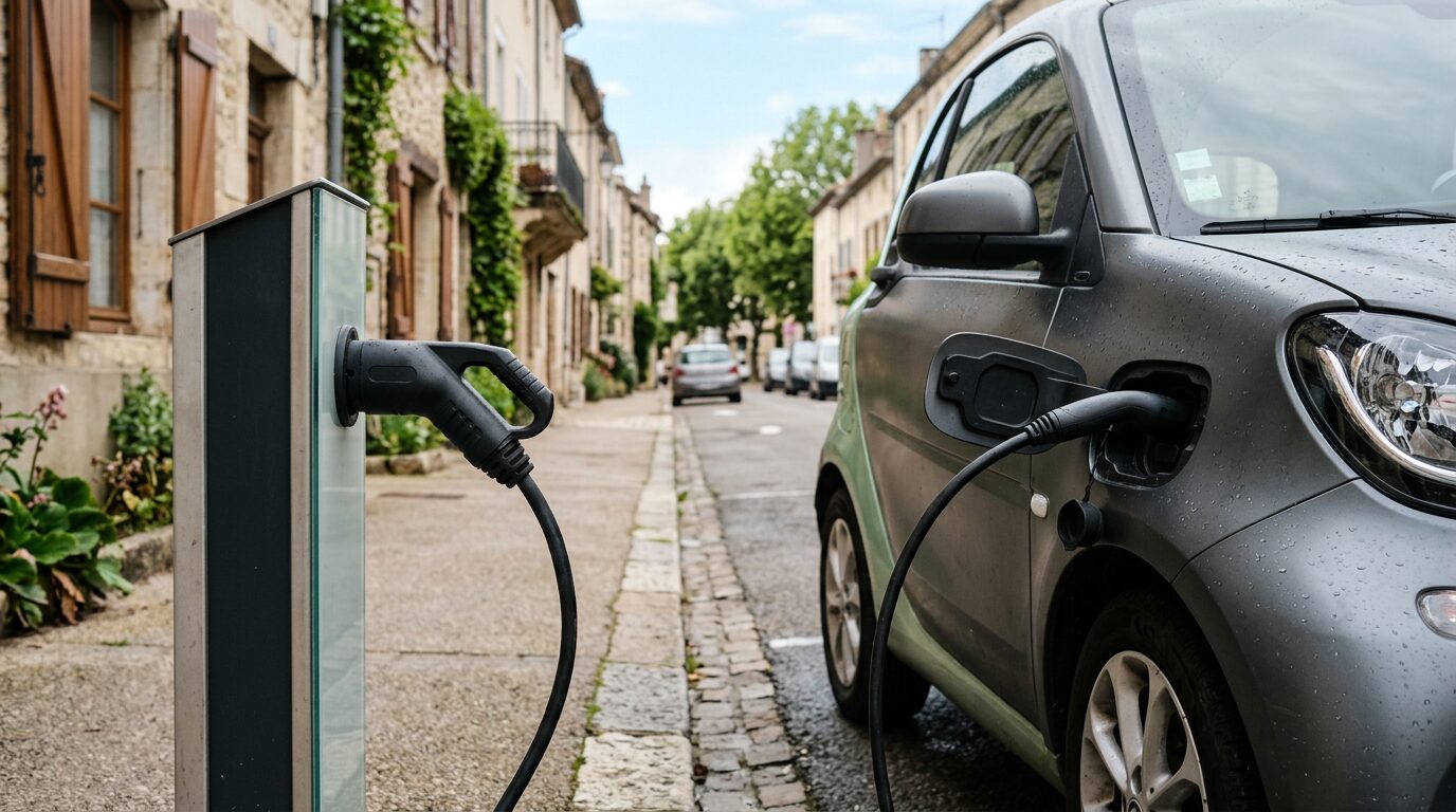 Leasing social : les voitures électriques à 35 % des ventes en juillet 2 Câble de recharge branché sur une voiture électrique compacte en pleine journée
