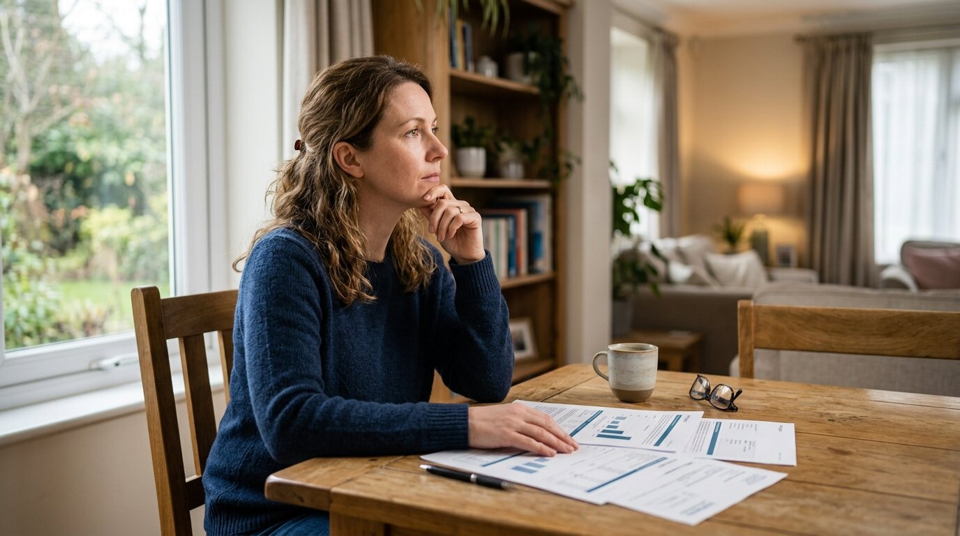 La banque peut-elle annuler une offre de prêt signée ? 5 Personne réfléchissant devant des documents de prêt immobilier posés sur une table