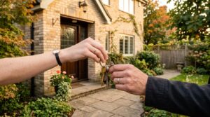 Remise des clés d'une maison entre vendeur et acheteur lors d'une vente immobilière